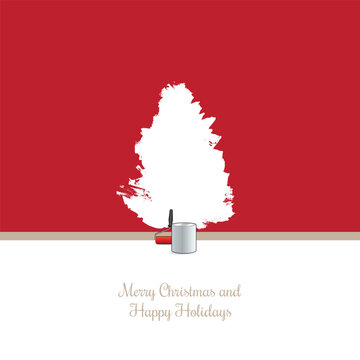 Christmas tree painter's artistic expression, with a color roller and a paint can of red color