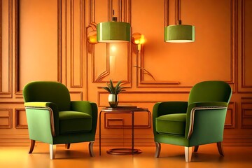 Interior with Art Deco armchairs. Green armchairs and lamp on orange background, 3D render