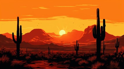 A series of perfectly aligned cacti silhouetted against a fiery desert sunset