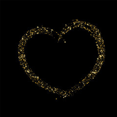 Obraz premium Confetti with gold glitter in the shape of a heart on a black background. Shiny particles and sand are scattered. Decorative element, golden heart. Luxury holiday background, vector