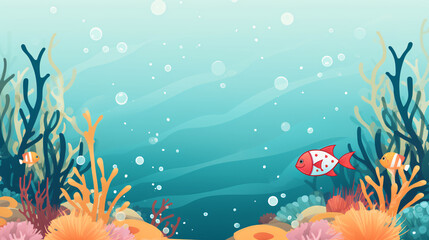 Fototapeta na wymiar Sealife background. An underwater scene with colorful fish swimming amongst a rich tapestry of coral and sea plants, bubbles gently rising to the water's surface in a tranquil ocean setting