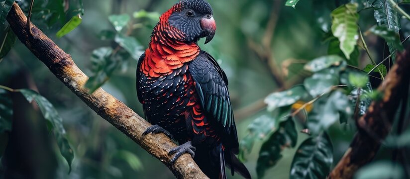 Rare Pesquet parrot, native to New Guinea, found in the dark green forests of Asia, is an endemic bird with an unattractive red and black appearance, often seen perched on branches in its natural