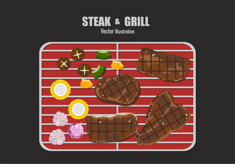Vector illustration of cooking grilled steak, meat, and vegetables on a charcoal grill with kitchen utensils. Top view, isolated on white. For elements in designing food menus.