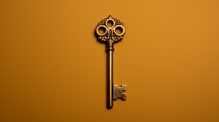 A shiny gold key resting on a solid brown background.