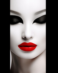 A womans face is full of red lipsticks