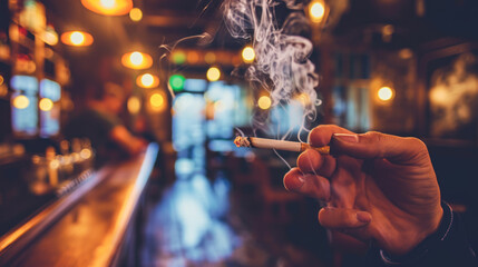 Man is smoking cigarette in a bar - obrazy, fototapety, plakaty