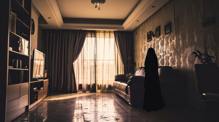 Dark hooded figure in living room - depression, delusion, and anxiety concept