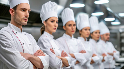 Fototapeta na wymiar Team of professional chefs in commercial kitchen