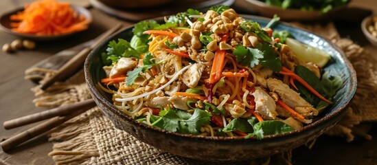 Chicken salad with noodles, carrots, and peanuts in Asian style.
