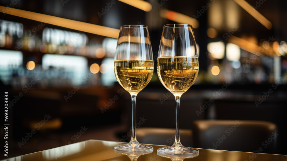 Wall mural two glasses of white sparkling wine on restaurant table