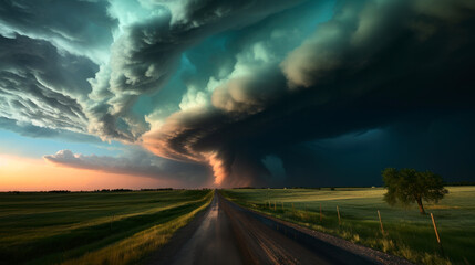Huge supercell, tornado over farmland