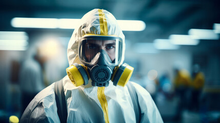 Chemist in hazmat suit, clandestine illicit drug lab