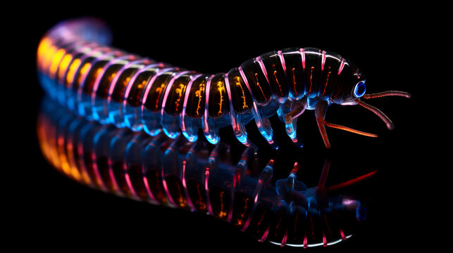 Fictional millipede made of neon glowing glass