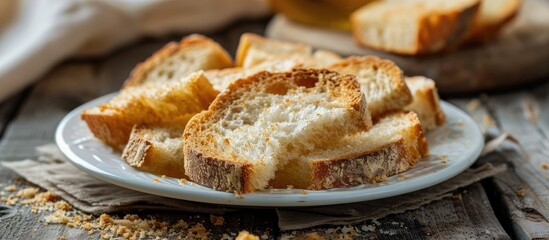White plate with stale bread for making crumbs. - obrazy, fototapety, plakaty