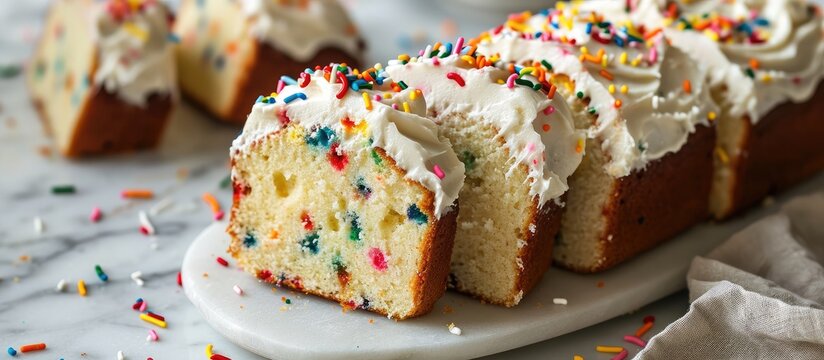 Sliced birthday or funfetti pound cake with frosting and sprinkles ready to be enjoyed.
