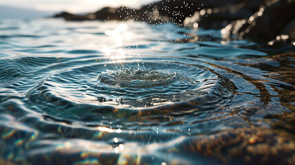 Nature's Pulse: Vibrant Water Droplet Causing Ripples on a Rocky Shore - obrazy, fototapety, plakaty