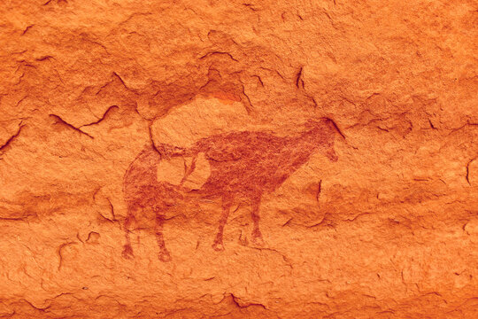 Animal - prehistoric petroglyph, rock art at Tadrart Rouge, Tadrart Akkak, Sahara, Algiers, horizontal view