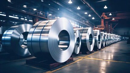 Industrial galvanized steel coil coil for sheet metal forming machine in metal fabrication plant workshop, sunlight tinted. Selective focus. - obrazy, fototapety, plakaty