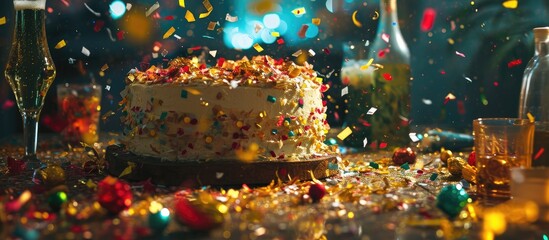 There is a celebration with a big cake, drinks, and flying confetti. - obrazy, fototapety, plakaty
