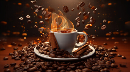 coffee cup beans hot fresh brown close up background ai visual concept