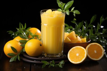 Fototapeta premium Night View Image of Yellow Summer Cocktail Juice with Lemon in Glass Generative AI