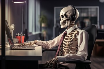 Human skeleton wearing headphones, using a computer at a workstation - obrazy, fototapety, plakaty