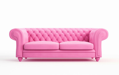 Soft pink sofa on wooden legs isolated on white. Pink velvet couch on white background