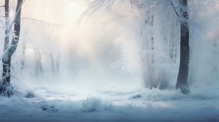 A snowy forest at sunrise, trees covered in frost, the scene softly blurred in cool hues.