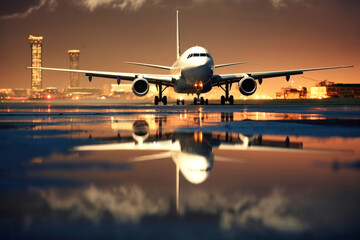 An airplane with passengers takes off from a modern airport in the evening at sunset.