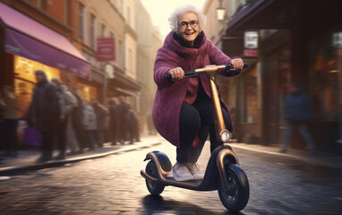 Elderly woman rides along a city street on electric scooter. Active aging concept. Grandma in...