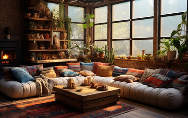 Boho style living room with big soft sofa, pillows, flowers, wooden panoramic window, natural light