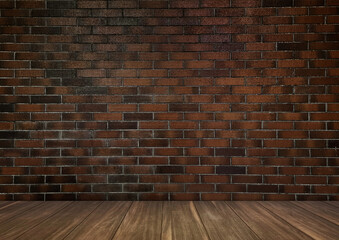 background for photo studio with wooden floor and brown brick wall backdrop. empty brick wall room studio background and wooden floor perspective, well editing montage for product displayed.