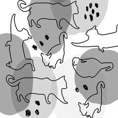 Doodle silhouettes of cats, cute black and white pattern