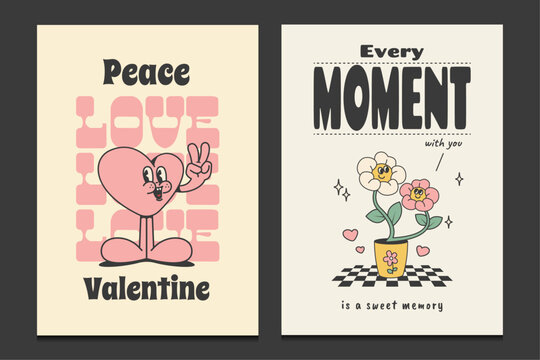 Happy Valentine's Day Cards with retro cartoon style, groovy 70s posters, vector illustration