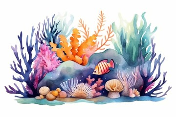 Fototapeta na wymiar Seascape with stones, mermaid, crab, violet seaweed, seabed, underwater landscape, sunshine. Watercolor illustrations of underwater bottom for kids print, decoration, design. Generative AI