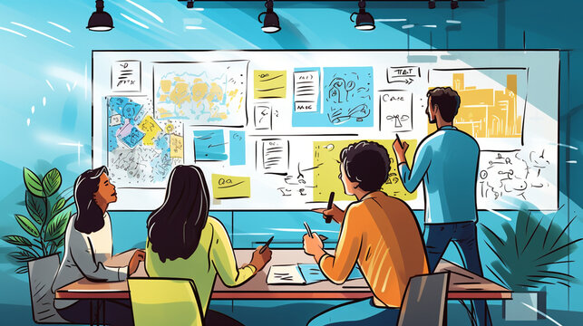 Team of Employees Brainstorming Ideas on a Whiteboard in a Creative Workspace, Team, Teamwork