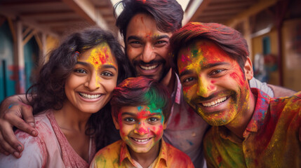 Cheerful Family Posing Together with Gulal-Stained Faces, Capturing the Festive Spirit of Holi, Celebration of the Holi Festival