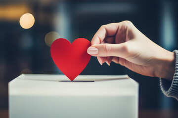 Female hand put red paper heart into slot of white donation box. Charity, donation, election, fundraising, help, love, gratitude concept - obrazy, fototapety, plakaty