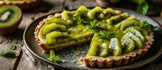Overhead view of kiwi tart on a plate at home.
