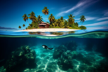 Fototapeta na wymiar tropical island in the clear water sea with cute swimming turtle 
