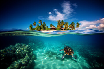 Fototapeta na wymiar tropical island in the clear water sea with cute swimming turtle 