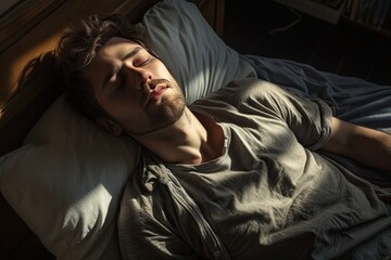 Tired young man lying on his bed. Sun shines on him in the morning