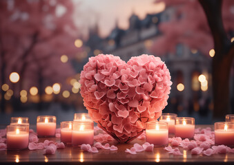 Symbol Miłości. To serce, oświetlone blaskiem świec, przykuwa uwagę swoim romantycznym urokiem w dniu zakochanych. - obrazy, fototapety, plakaty