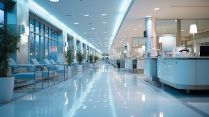 Empty modern hospital corridor, clinic hallway interior background with chairs for patients waiting for doctor visit. Contemporary waiting room in medical office. Healthcare services concept - obrazy, fototapety, plakaty