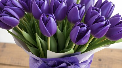 purple tulips on a wooden table