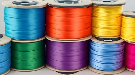 Colored spools of thread on a white background