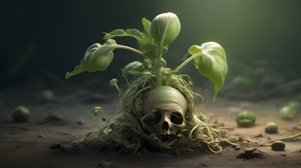 Human skull with green seedling growing in soil, conceptual image. - obrazy, fototapety, plakaty