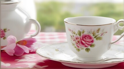 Obraz na płótnie Canvas Cup of tea with pink flowers on a table in the garden