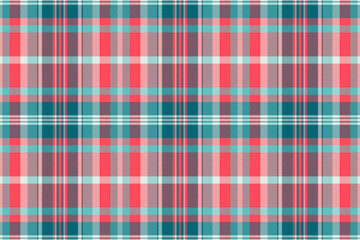 Softness background pattern seamless, mexico textile plaid texture. Ireland check vector tartan fabric in red and cyan colors.