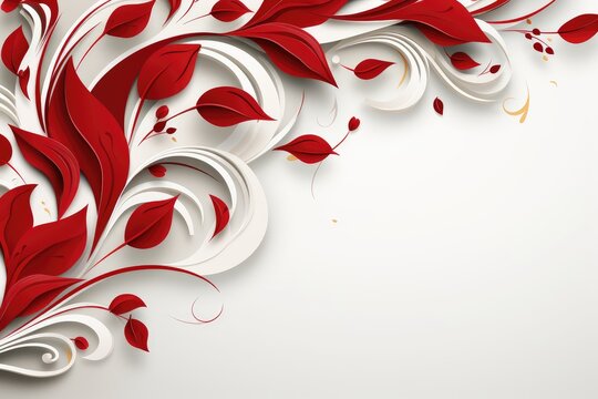 Red floral pattern on the side of a white background. Valentine's day banner, wedding invitation